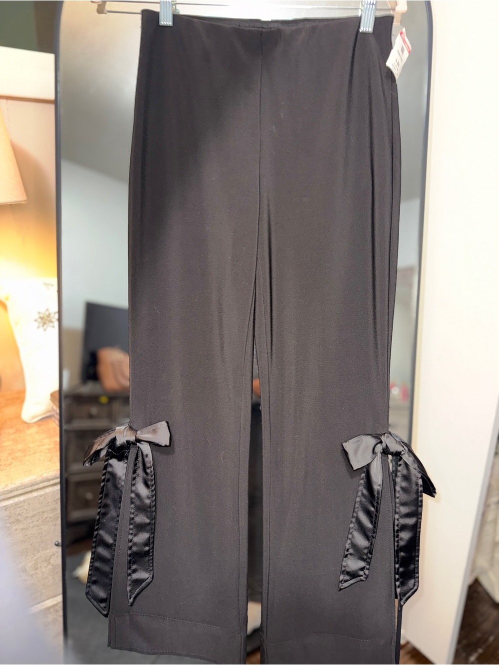 Joseph Ribkoff Black Silky Knit Wide Leg Bow Hem Pants Size 4 Satin Ribbon